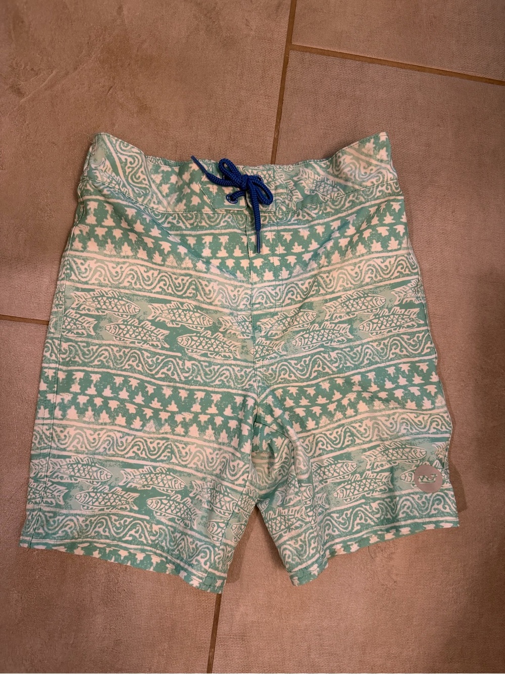 Vineyard Vines Mint Green Patterned Kids Swim Trunks with Blue Drawstring Size 7